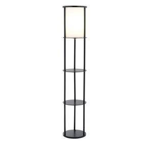 Modern Asian Style Round Shelf Floor Lamp in Black with White Shade