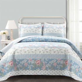 Full/Queen Blue Pink White Beige Floral Cottage Lightweight 3-Piece Quilt Set