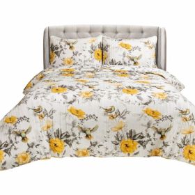 Full/Queen 3 Piece White Yellow Grey Reversible Floral Birds Cotton Quilt Set