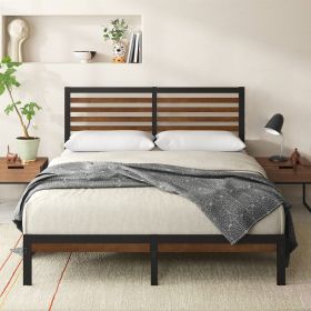 Full Metal Platform Bed Frame with Bamboo Wood Slat Headboard and Footboard