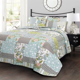 King Size Boho Floral Blue Cotton Lightweight Quilt Set