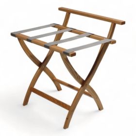 Solid Wood High Back Luggage Rack with Grey Straps in Light Wood Finish