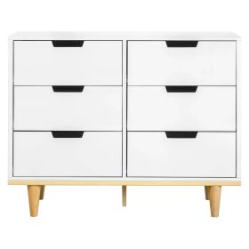 Modern Mid-Century Style 6-Drawer Double Dresser in White Natural Wood Finish