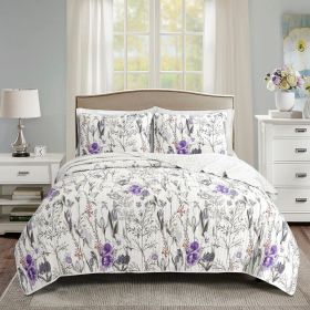 Full/Queen Size Lightweight Purple Grey White Floral Quilt Set