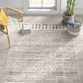 6.6-ft. x 9-ft. Grey Ivory Chevron Stripe Geometric Boho Style Area Rug