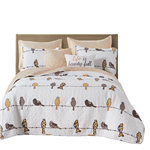 Full/Queen Yellow Brown Grey Floral Birds On Wire Lightweight 7 Piece Quilt Set