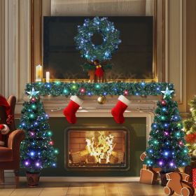 Pre-lit Optical Fiber Christmas Artificial Tree 4-Piece Set, Christmas Garland, Wreath and set of 2 Entrance Trees with Colorful Lights