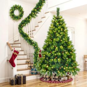 6FT Grass Green Christmas Tree, Large Branches Pine Tree, Pre-Lit Set with Tree & Garland & Wreath, Artificial Christmas with Pine Cones