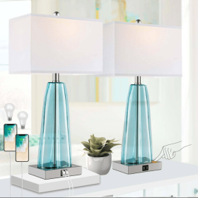 Table Lamp Set of 2 Touch Control, Contemporary Blue Green Glass Bedside Lamp with 2 USB Ports