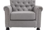 Mid-Century Modern Accent Chair, Linen Armchair w/Tufted Back/Wood Legs, Upholstered Lounge Arm Chair Single Sofa for Living Room Bedroom, Light grey