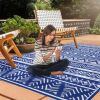 4.98x8FT Reversible Outdoor Rug Waterproof Mat with Storage Bag Portable Plastic Carpet Indoor Outdoor Activity for Picnic Patio Deck RV Trip Blue & W