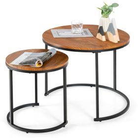 Set of 2 Modern Round Stacking Nesting Coffee Tables (Color: Light Brown)