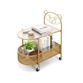 2-Tier Mobile Glass Coffee Table with Bear Pattern (Color: Golden)