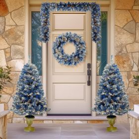 Pre-lit Xmas Tree Artificial Christmas 4-Piece Set,Garland, Wreath and Set of 2 Entrance Trees X-mas with LED Lights, Christmas Tree (Color: Blue, Material: PVC)